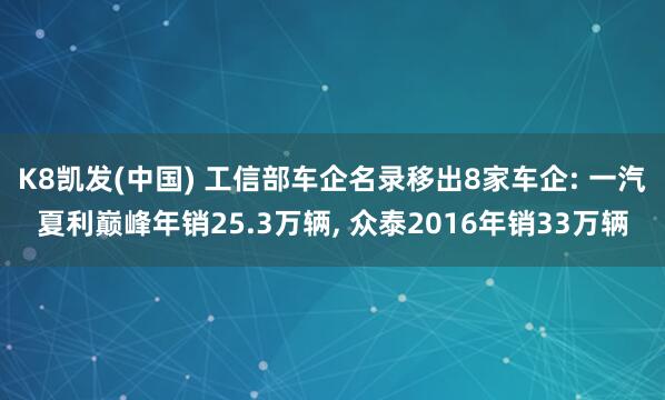 K8凯发(中国) 工信部车企名录移出8家车企: 一汽夏利巅峰年销25.3万辆， 众泰2016年销33万辆